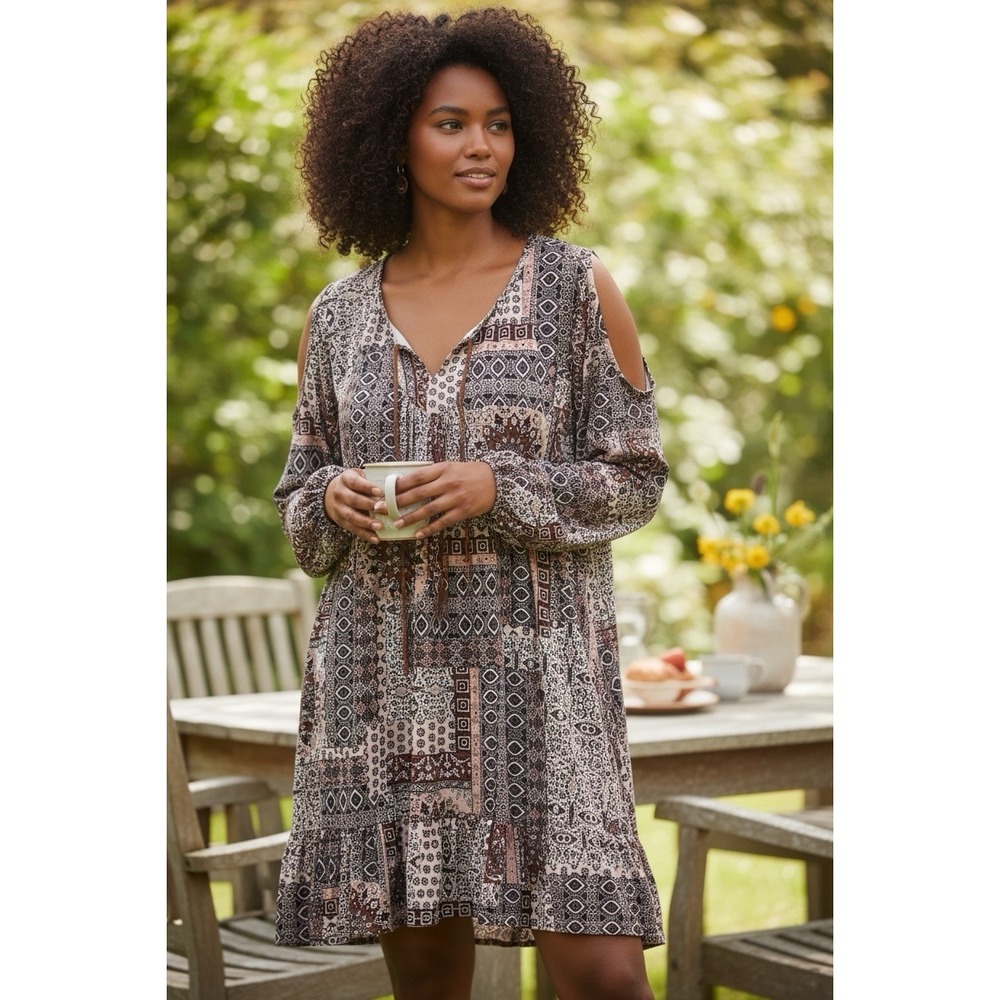 Style & Co Woman's Tunic Cold Shoulder Geometric Boho Hippie Oversized XXL